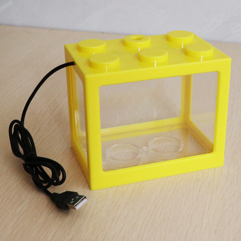 Mini block transparent fish tank small desktop living room home Turtle gold fish cylinder with USB lamp