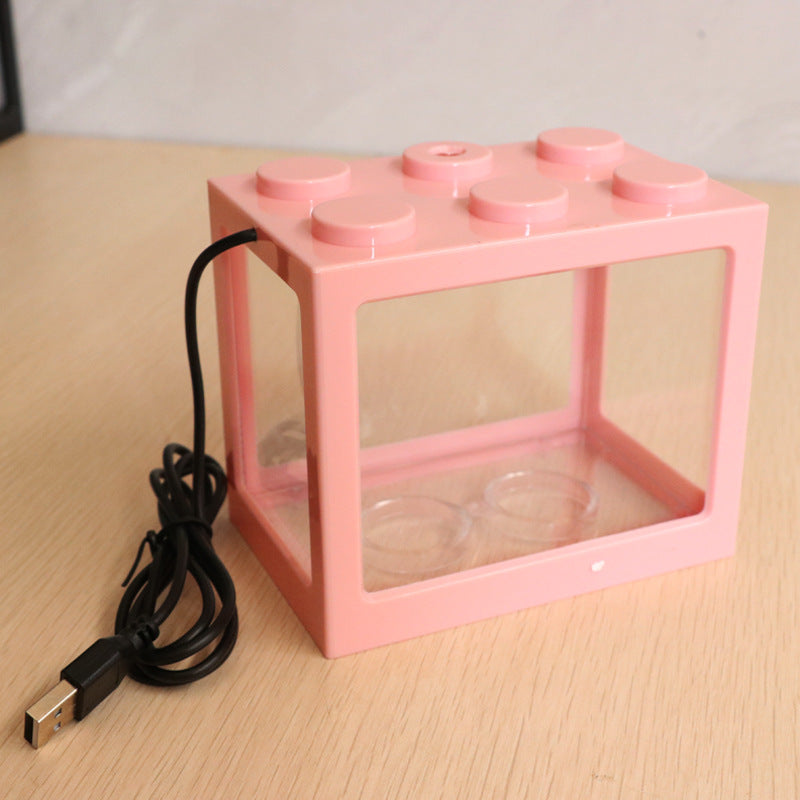 Mini block transparent fish tank small desktop living room home Turtle gold fish cylinder with USB lamp