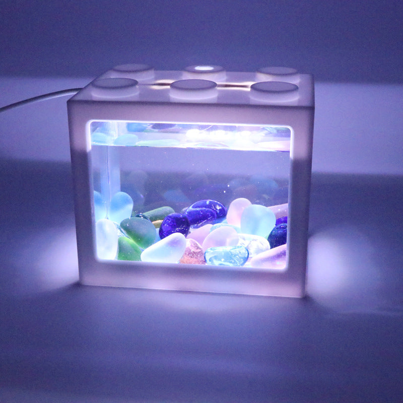 Mini block transparent fish tank small desktop living room home Turtle gold fish cylinder with USB lamp