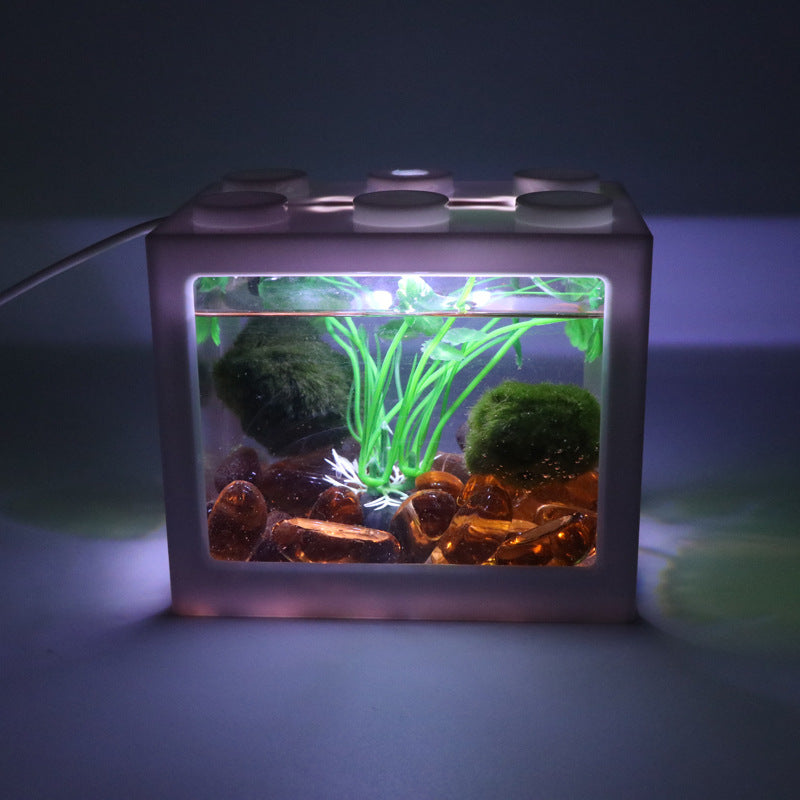 Mini block transparent fish tank small desktop living room home Turtle gold fish cylinder with USB lamp