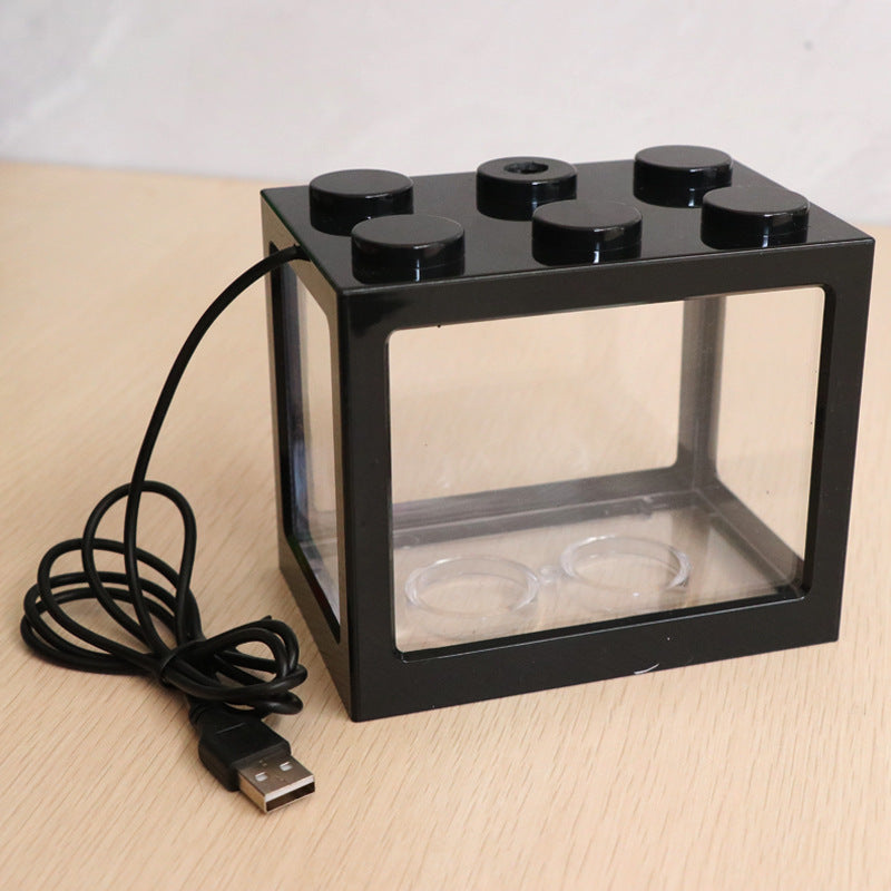 Mini block transparent fish tank small desktop living room home Turtle gold fish cylinder with USB lamp