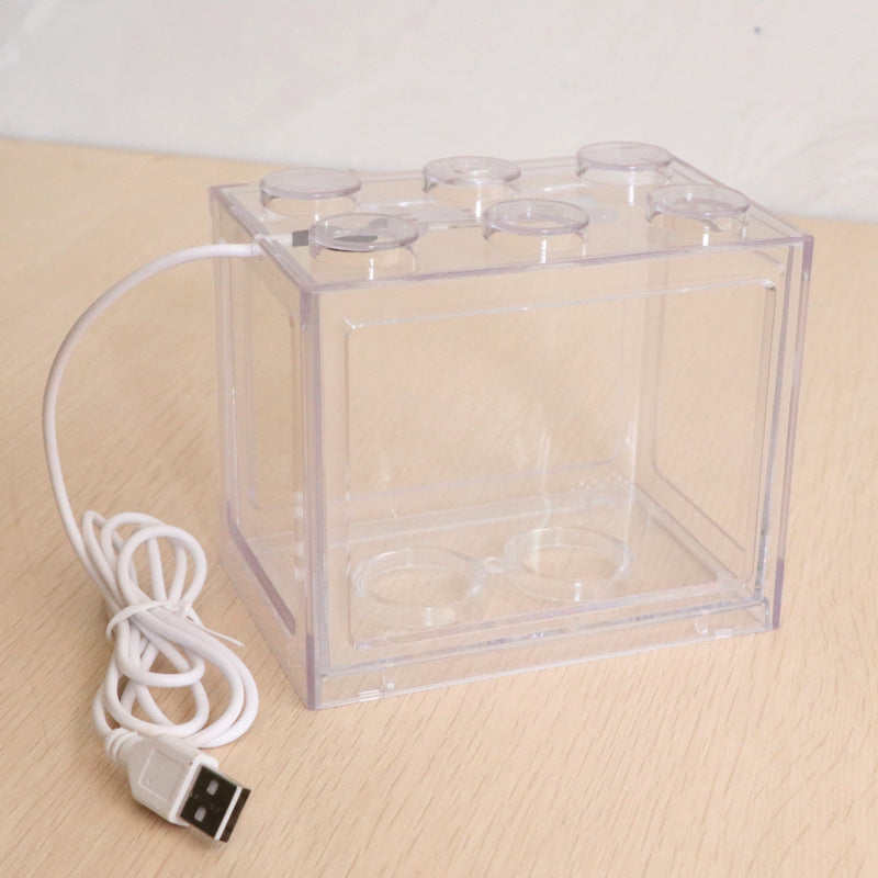 Mini block transparent fish tank small desktop living room home Turtle gold fish cylinder with USB lamp