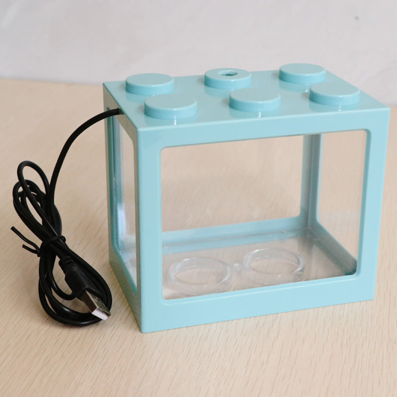 Mini block transparent fish tank small desktop living room home Turtle gold fish cylinder with USB lamp