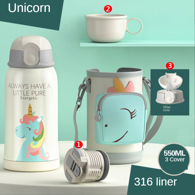 Smart Children Thermos Mug Stainless Steel Cartoon Cup, Cover Straw Temperature Display & Sterile Liner Healthy