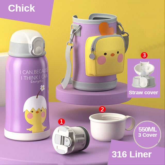 Smart Children Thermos Mug Stainless Steel Cartoon Cup, Cover Straw Temperature Display & Sterile Liner Healthy