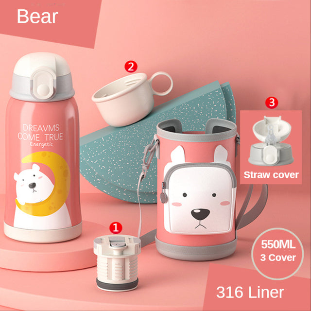 Smart Children Thermos Mug Stainless Steel Cartoon Cup, Cover Straw Temperature Display & Sterile Liner Healthy