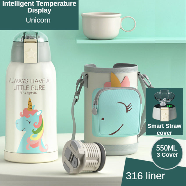 Smart Children Thermos Mug Stainless Steel Cartoon Cup, Cover Straw Temperature Display & Sterile Liner Healthy