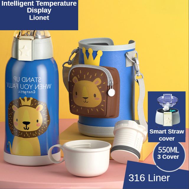 Smart Children Thermos Mug Stainless Steel Cartoon Cup, Cover Straw Temperature Display & Sterile Liner Healthy