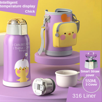 Smart Children Thermos Mug Stainless Steel Cartoon Cup, Cover Straw Temperature Display & Sterile Liner Healthy