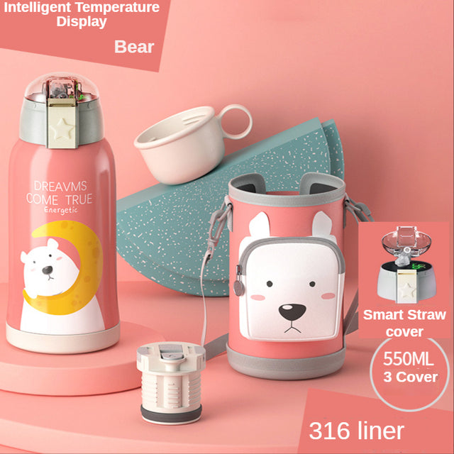 Smart Children Thermos Mug Stainless Steel Cartoon Cup, Cover Straw Temperature Display & Sterile Liner Healthy