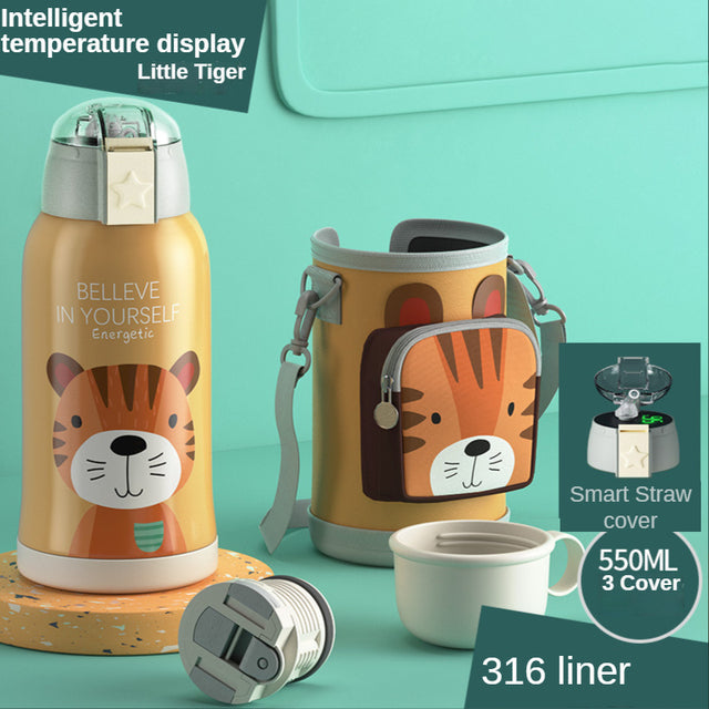 Smart Children Thermos Mug Stainless Steel Cartoon Cup, Cover Straw Temperature Display & Sterile Liner Healthy