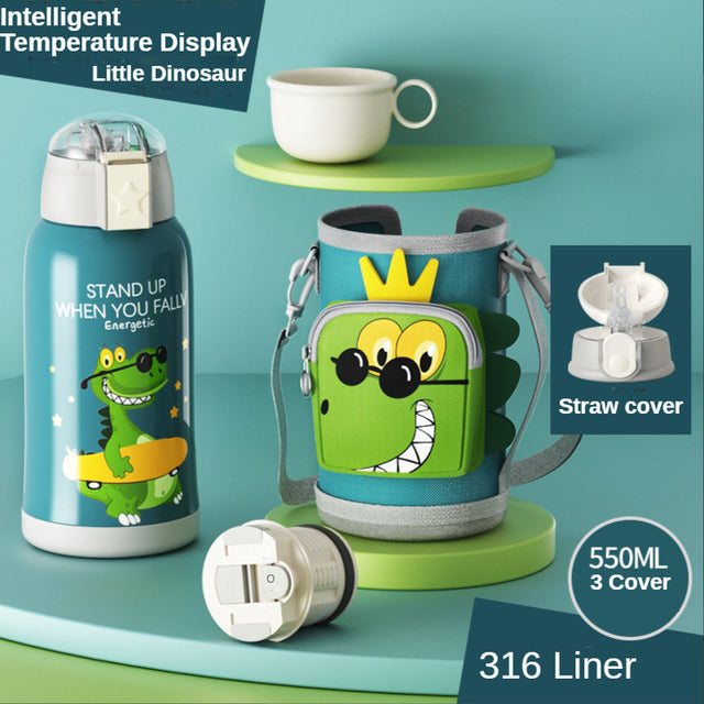 Smart Children Thermos Mug Stainless Steel Cartoon Cup, Cover Straw Temperature Display & Sterile Liner Healthy