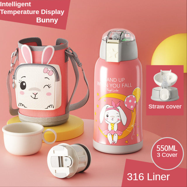 Smart Children Thermos Mug Stainless Steel Cartoon Cup, Cover Straw Temperature Display & Sterile Liner Healthy