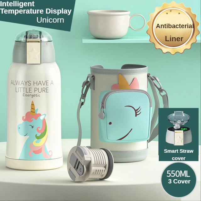 Smart Children Thermos Mug Stainless Steel Cartoon Cup, Cover Straw Temperature Display & Sterile Liner Healthy