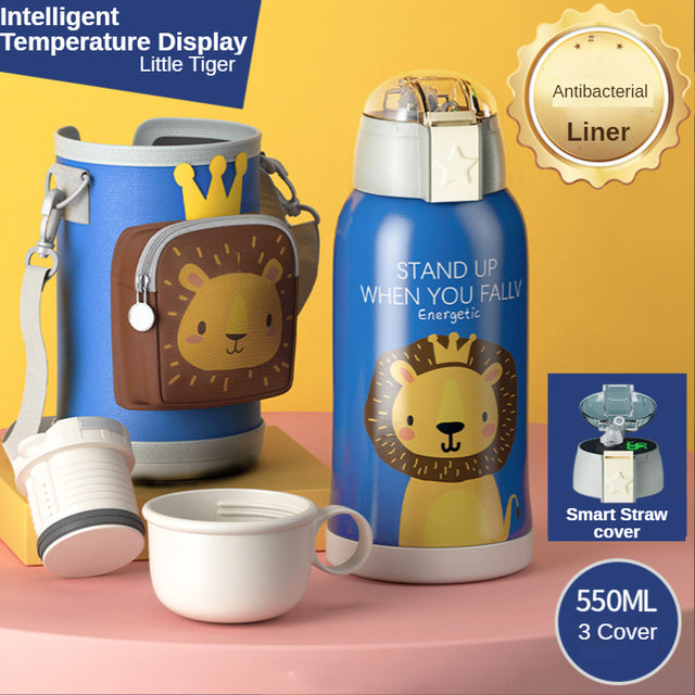 Smart Children Thermos Mug Stainless Steel Cartoon Cup, Cover Straw Temperature Display & Sterile Liner Healthy