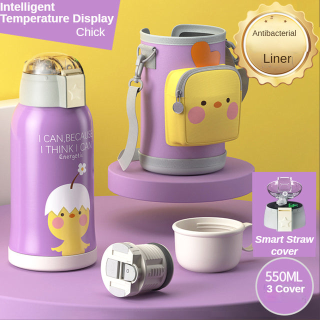 Smart Children Thermos Mug Stainless Steel Cartoon Cup, Cover Straw Temperature Display & Sterile Liner Healthy