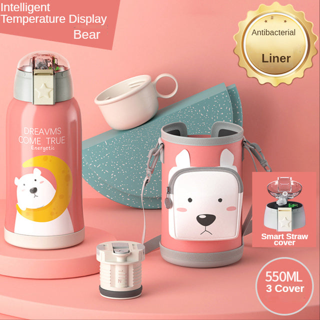 Smart Children Thermos Mug Stainless Steel Cartoon Cup, Cover Straw Temperature Display & Sterile Liner Healthy