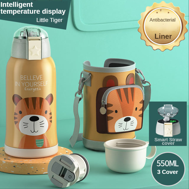 Smart Children Thermos Mug Stainless Steel Cartoon Cup, Cover Straw Temperature Display & Sterile Liner Healthy